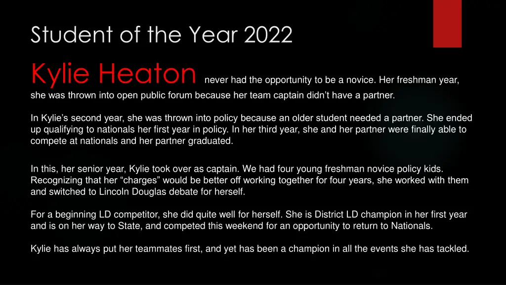 student of the year 2022 kylie heaton never