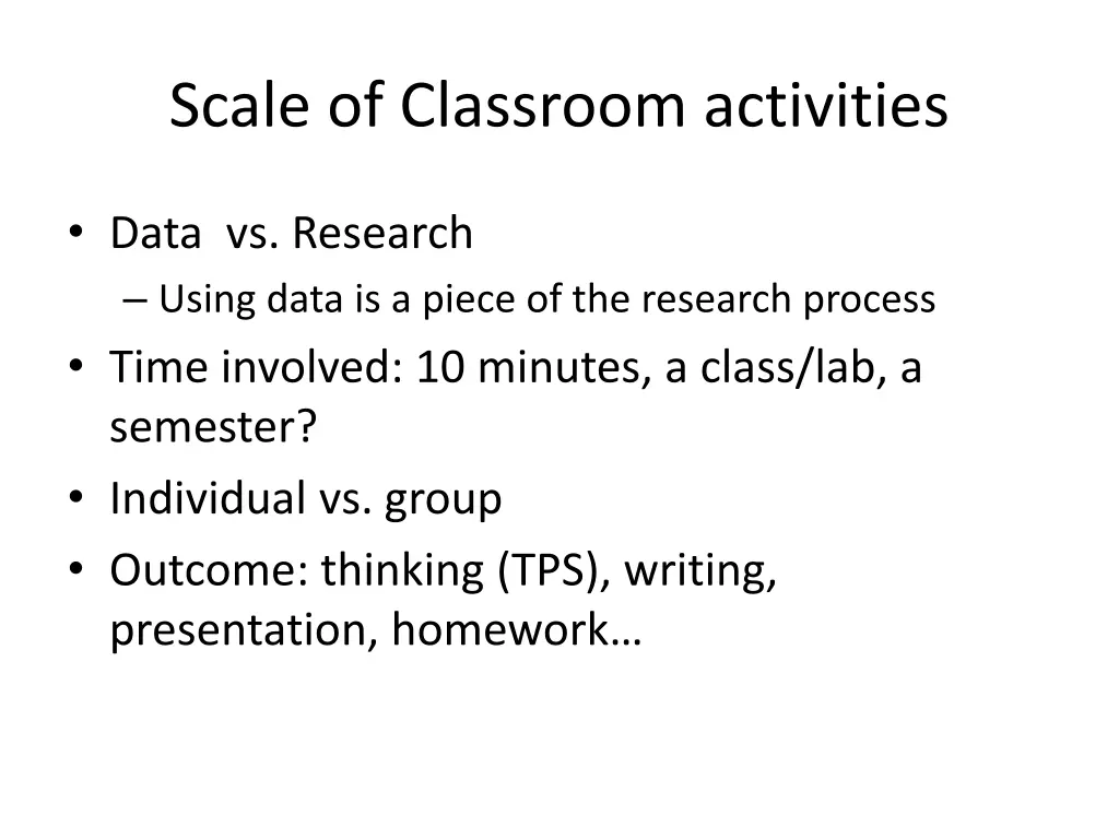 scale of classroom activities