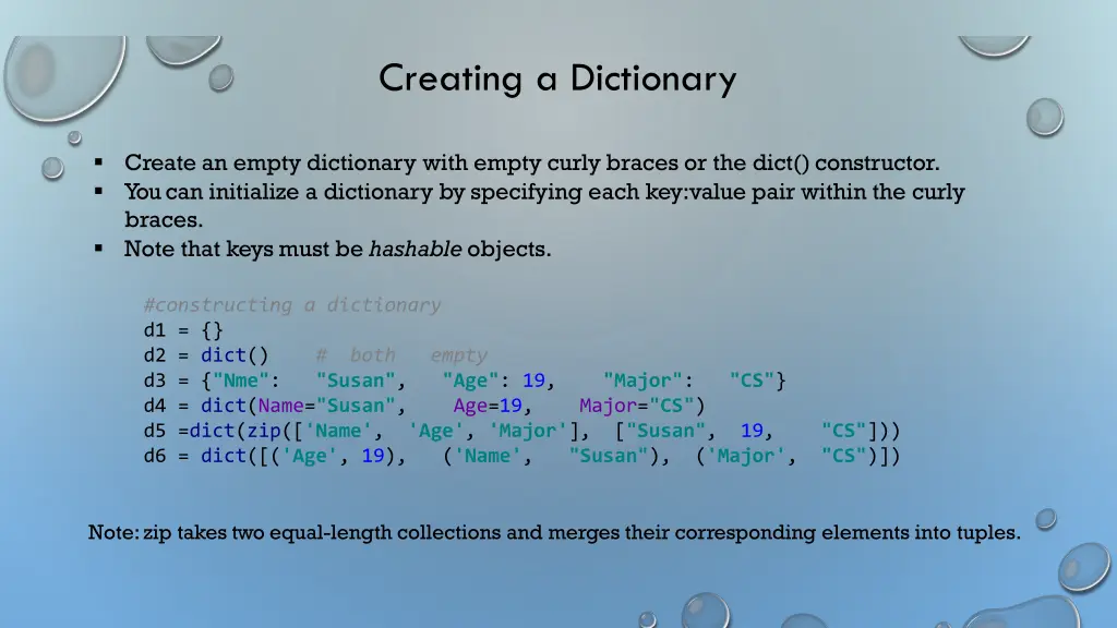 creating a dictionary