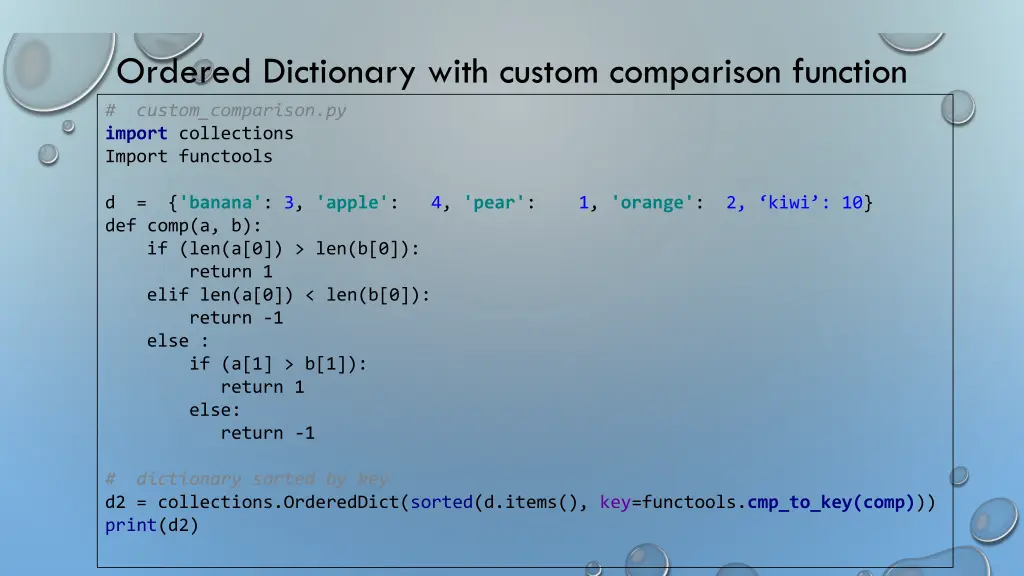 ordered dictionary with custom comparison function