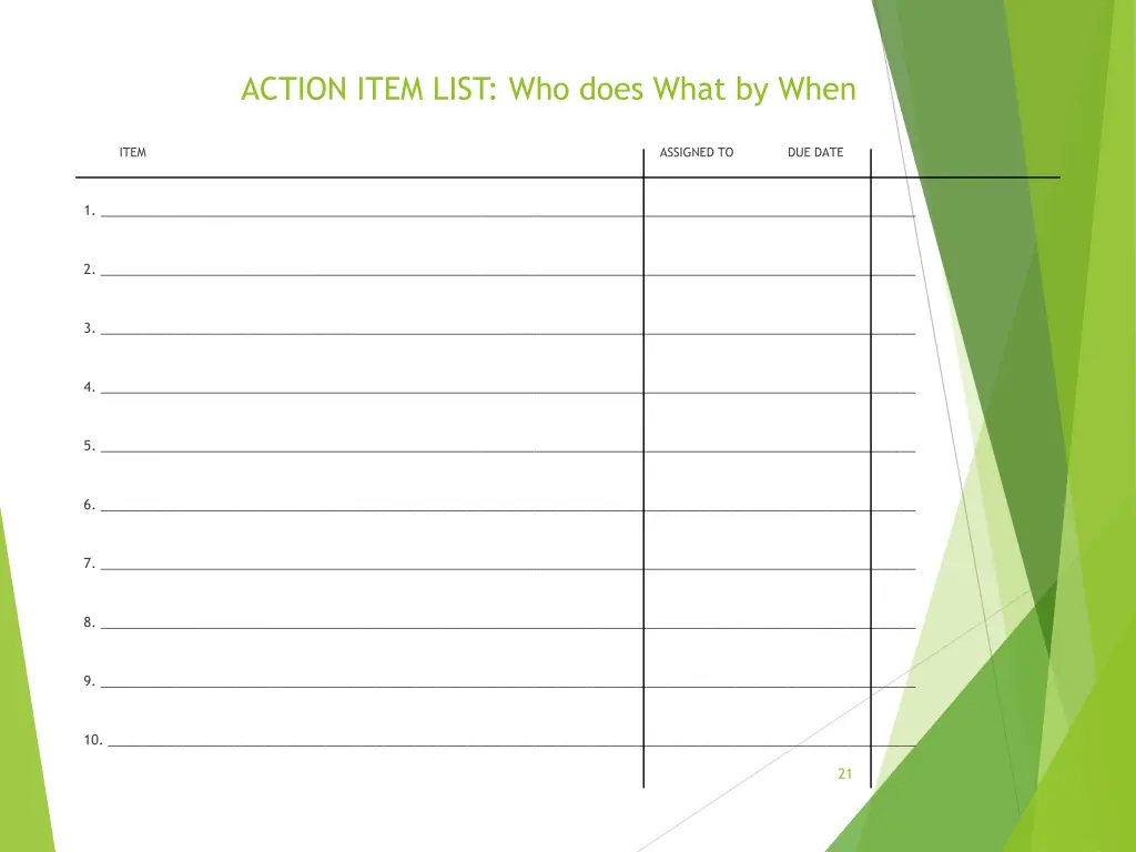 action item list who does what by when