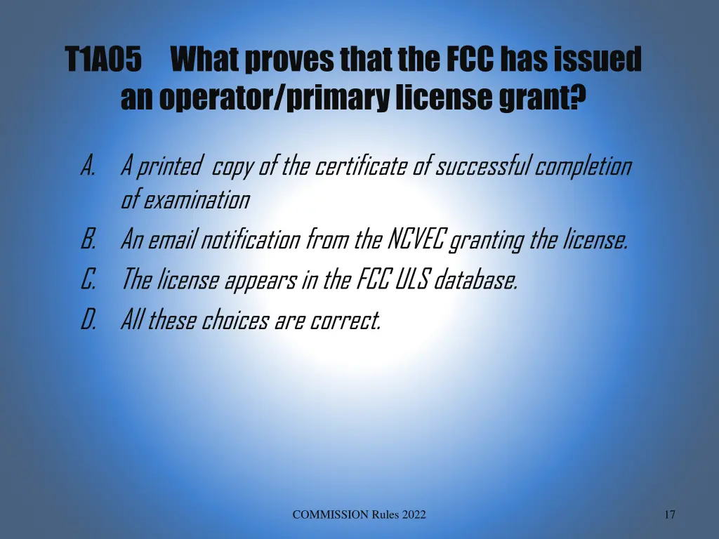 t1a05 what proves that the fcc has issued