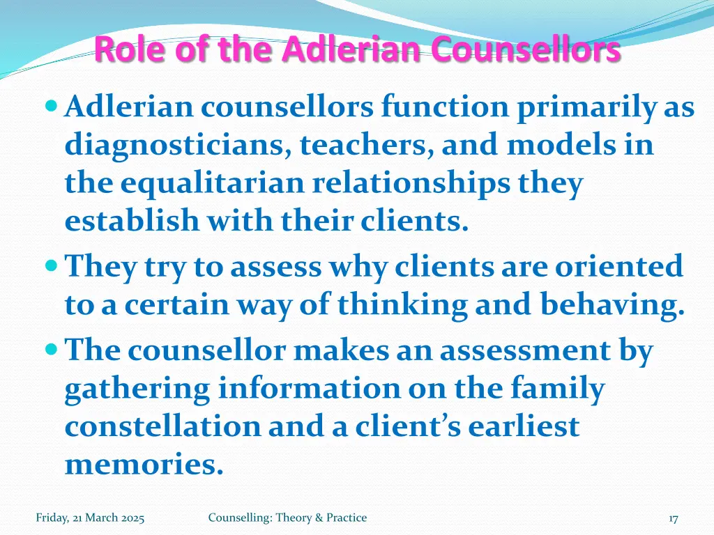role of the adlerian counsellors