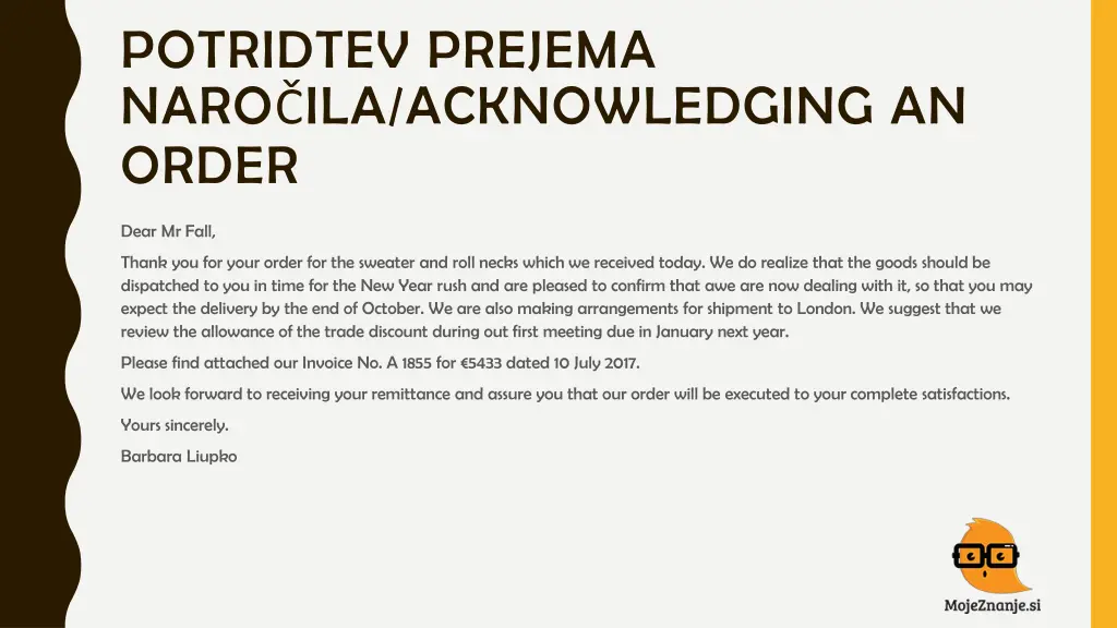 potridtev prejema naro ila acknowledging an order