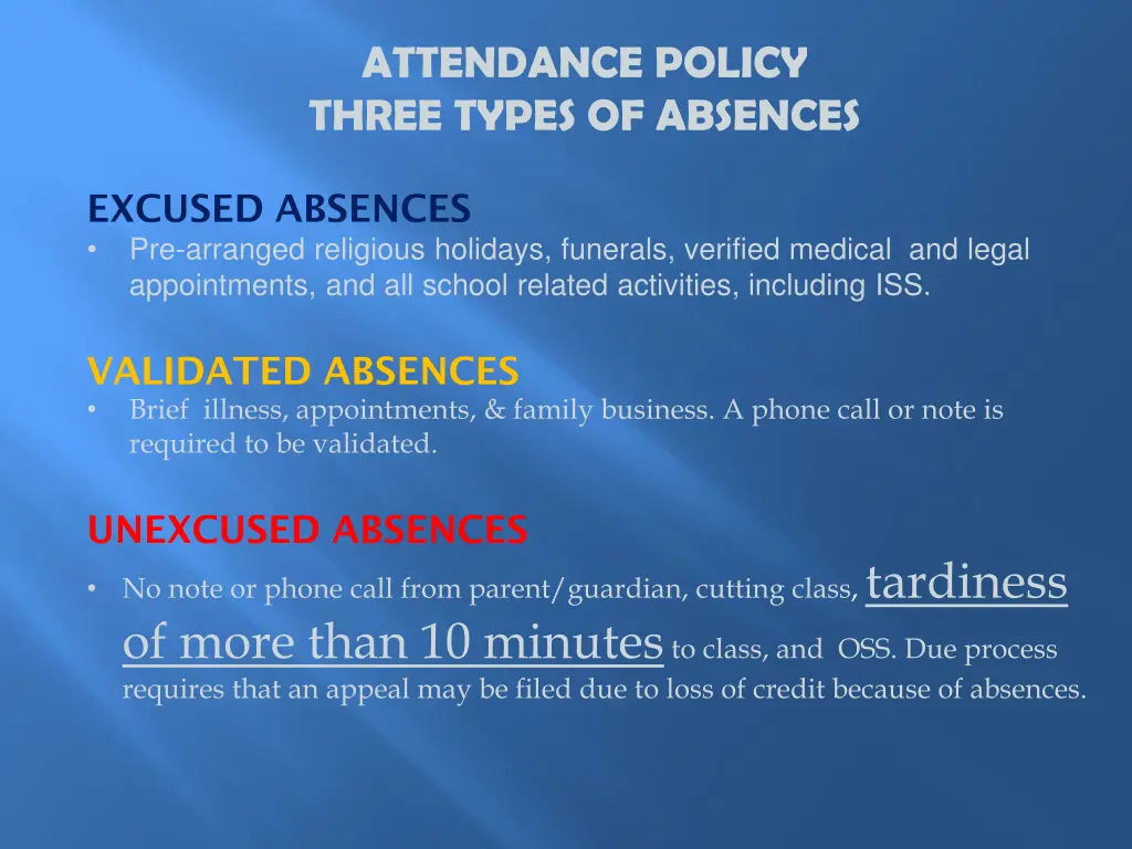 attendance policy three types of absences