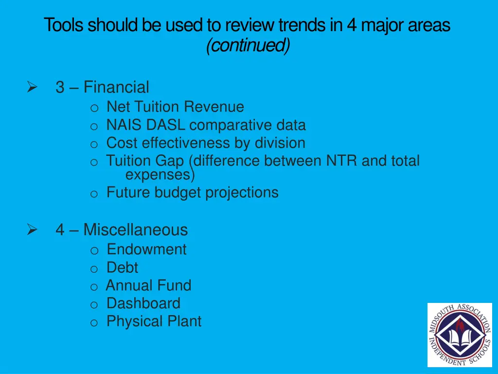tools should be used to review trends in 4 major 1