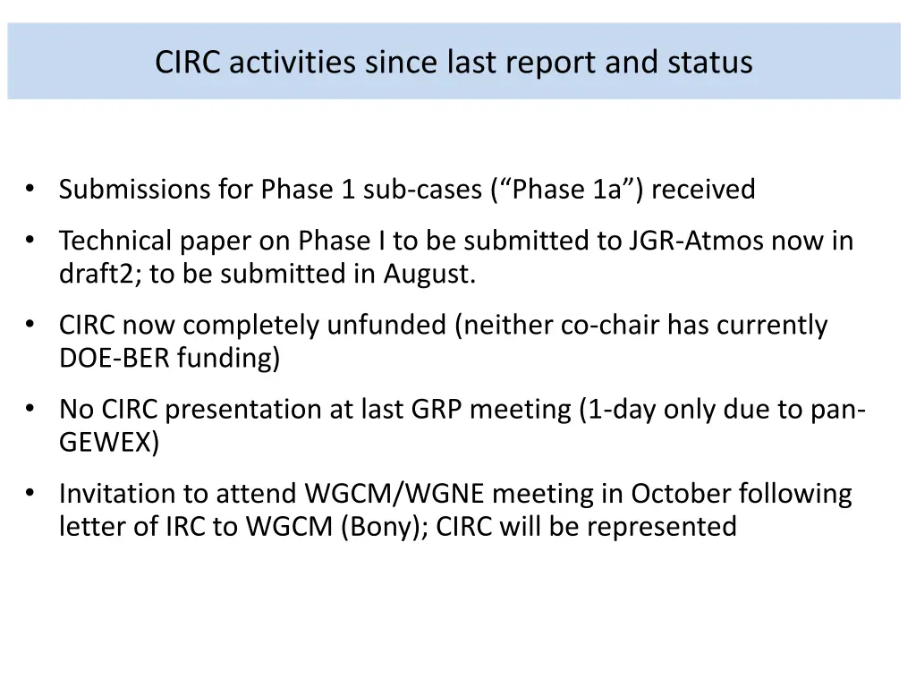 circ activities since last report and status