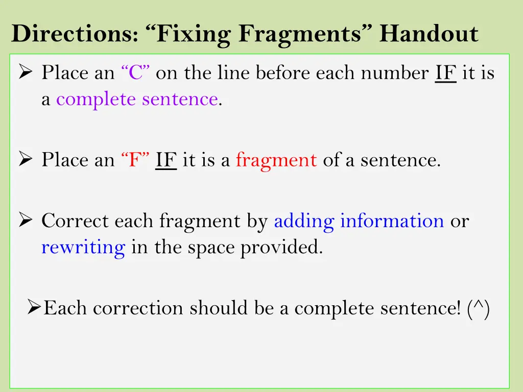 directions fixing fragments handout
