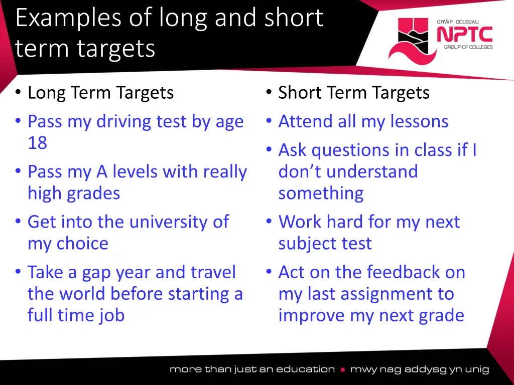 examples of long and short term targets