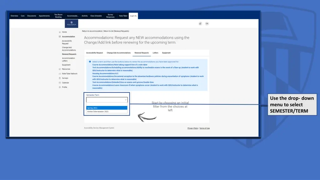 use the drop down menu to select semester term