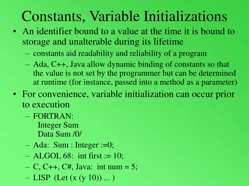 constants variable initializations an identifier