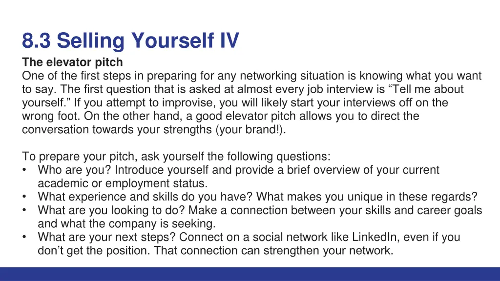 8 3 selling yourself iv the elevator pitch