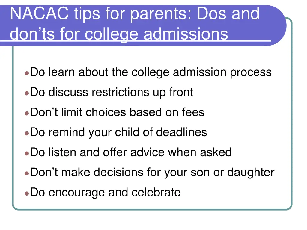 nacac tips for parents dos and don ts for college
