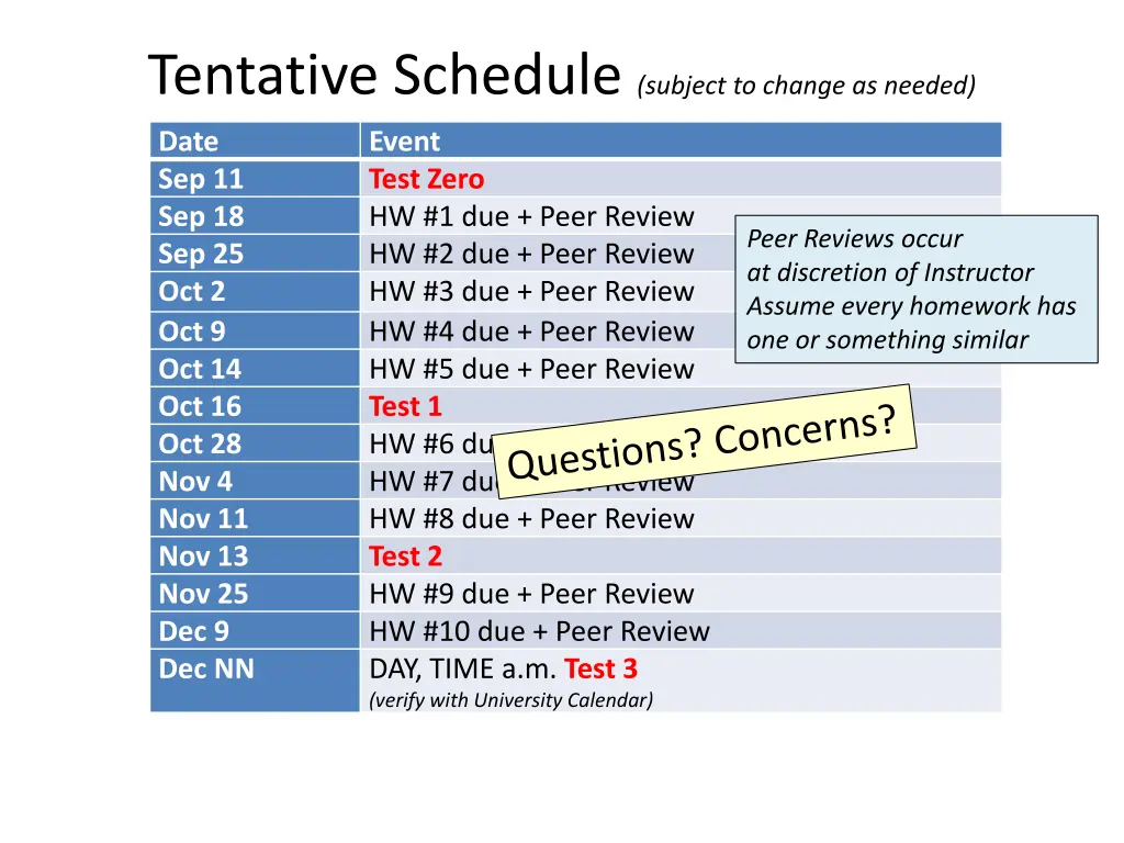 tentative schedule subject to change as needed