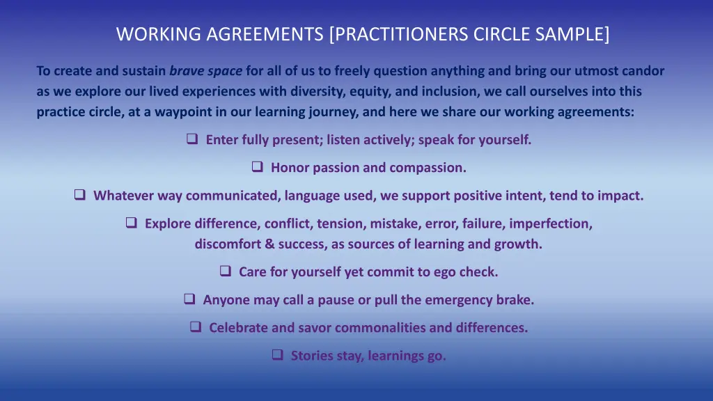 working agreements practitioners circle sample