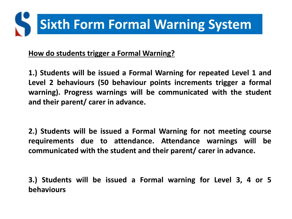 sixth form formal warning system