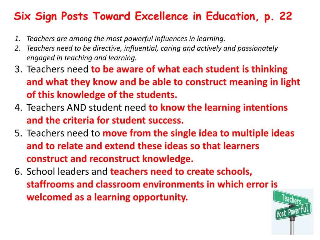 six sign posts toward excellence in education p 22