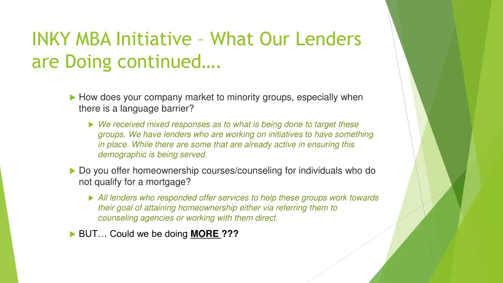 inky mba initiative what our lenders are doing 1