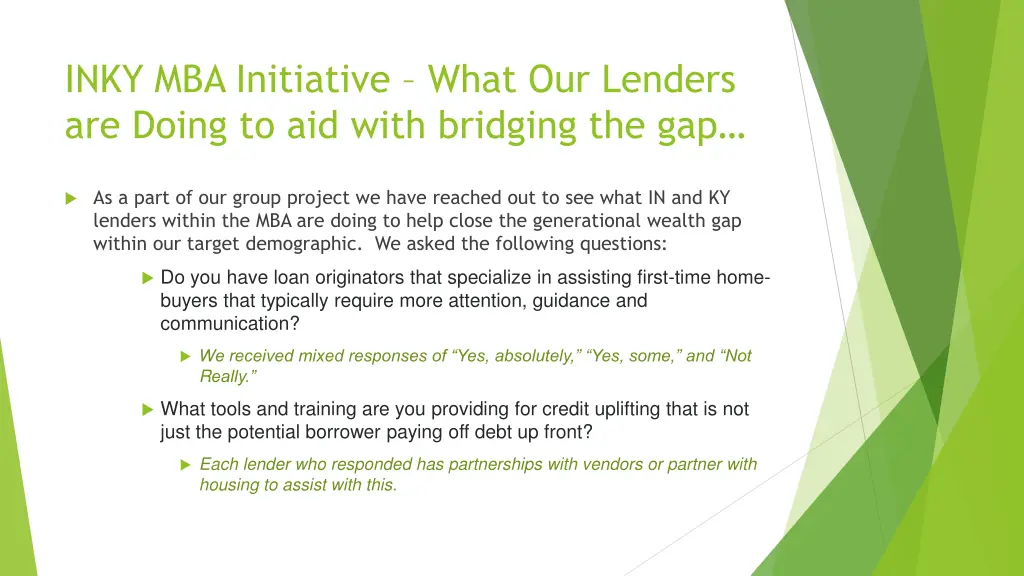inky mba initiative what our lenders are doing