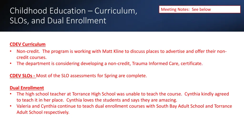 childhood education curriculum slos and dual