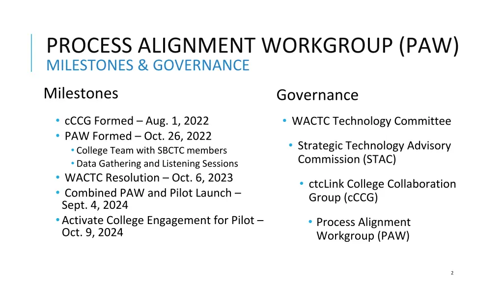 process alignment workgroup paw milestones