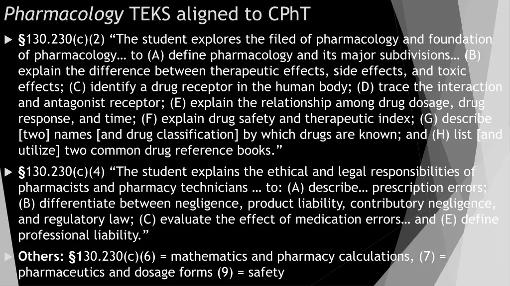 pharmacology teks aligned to cpht