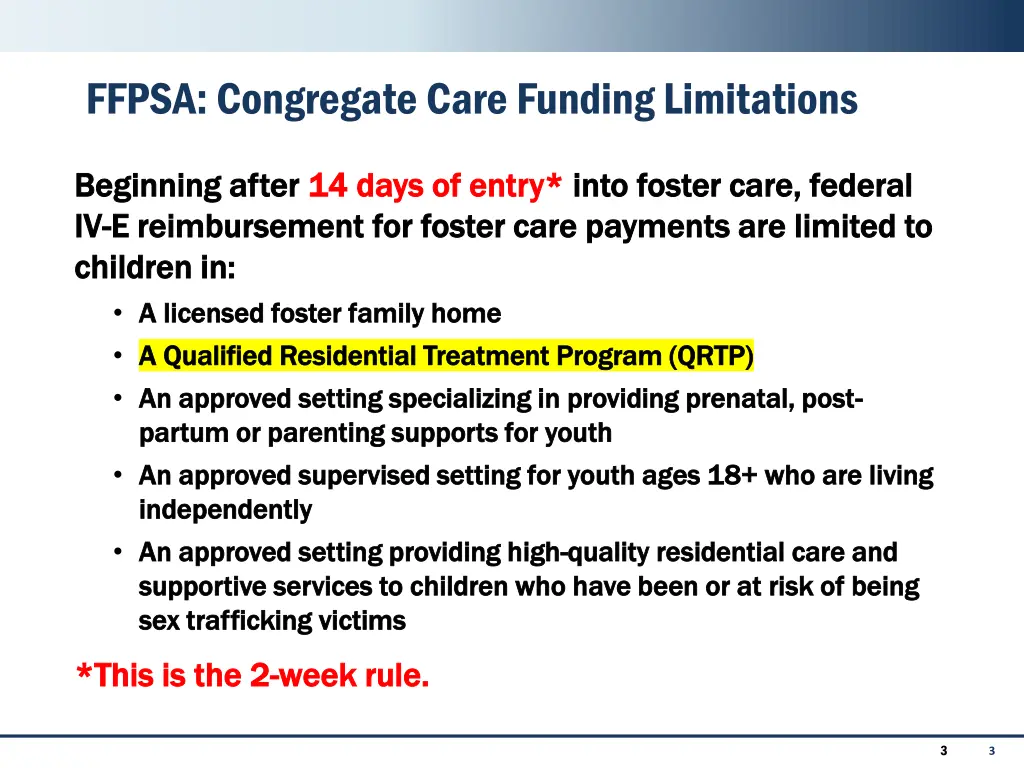 ffpsa congregate care funding limitations