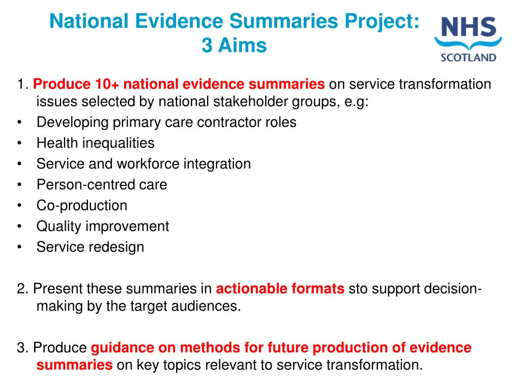 national evidence summaries project 3 aims