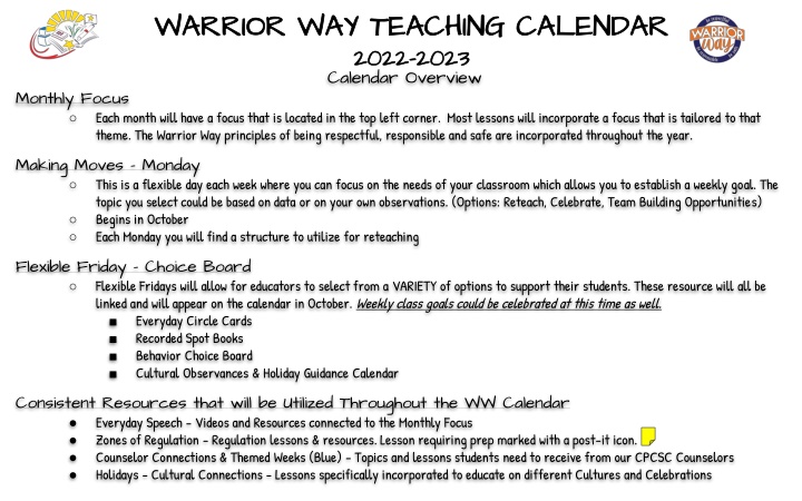 warrior way teaching calendar warrior