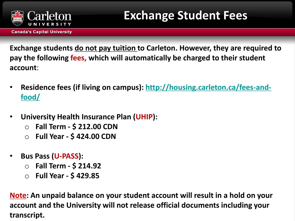 exchange student fees