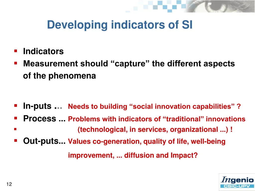 developing indicators of si 1