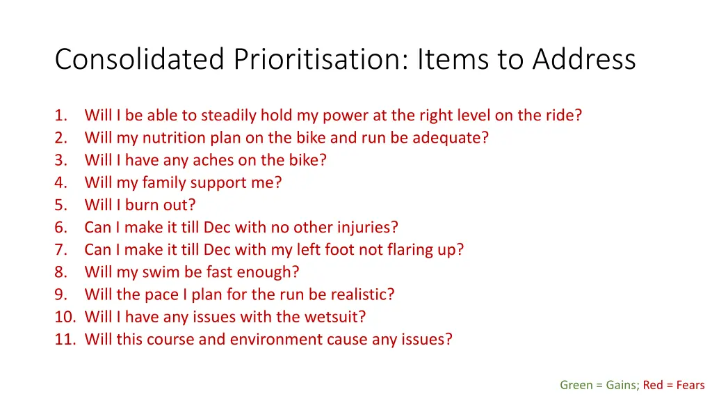 consolidated prioritisation items to address 1