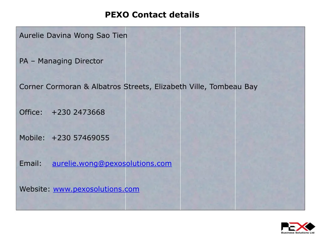 pexo contact details