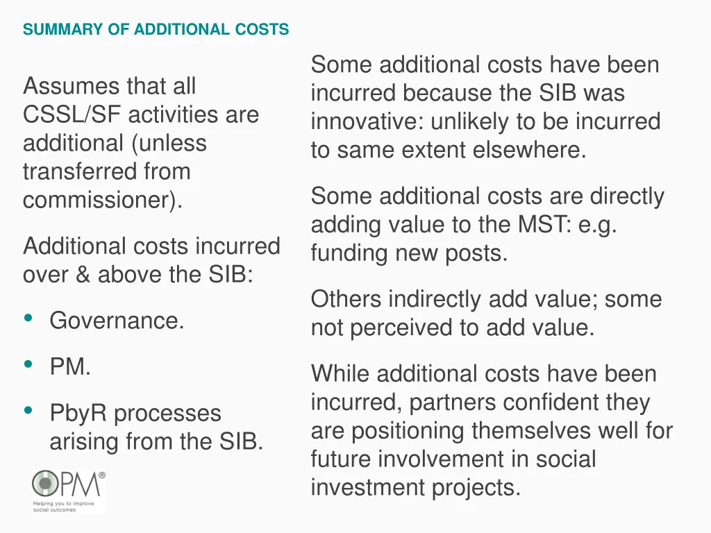 summary of additional costs