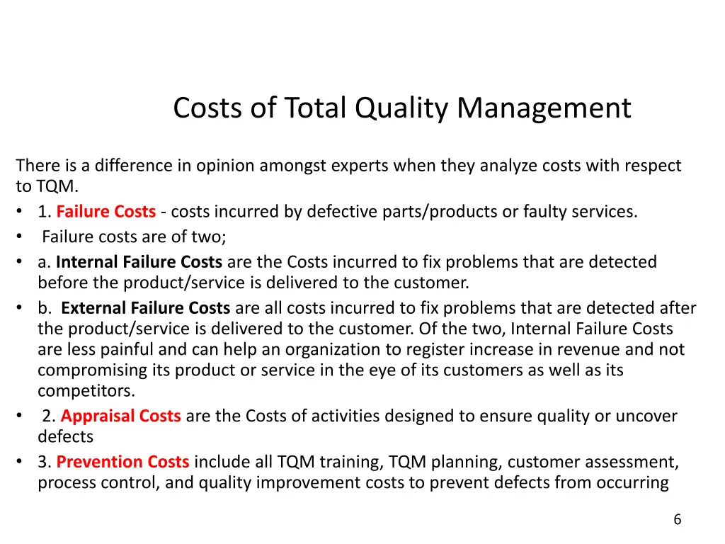 costs of total quality management