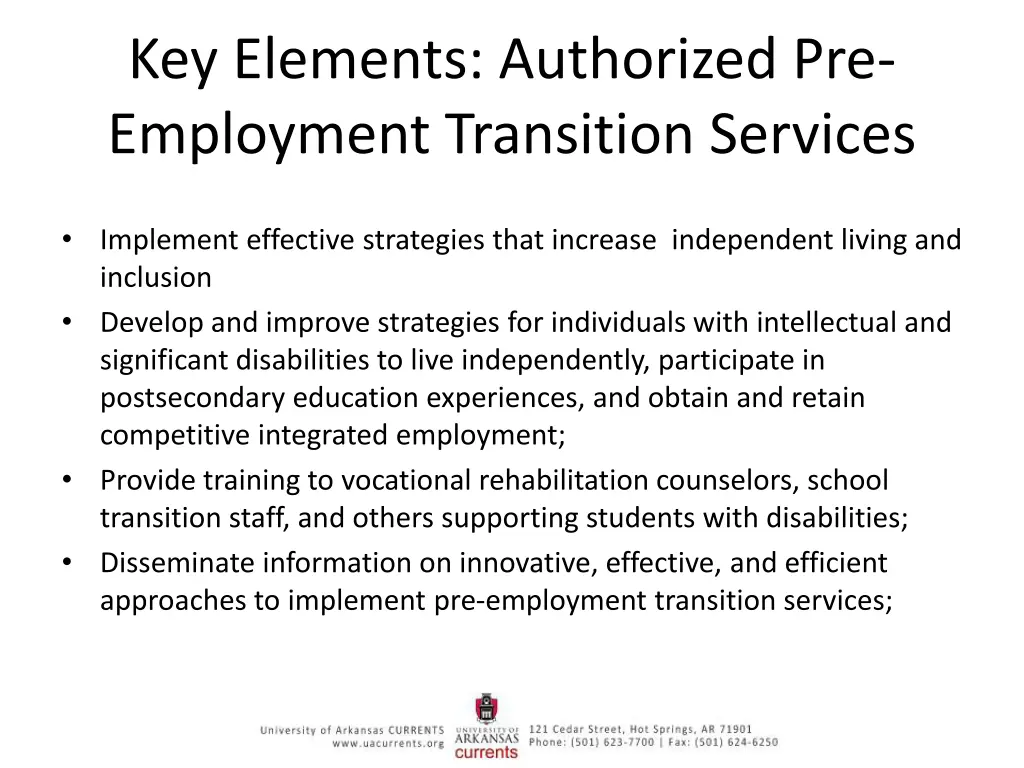 key elements authorized pre employment transition