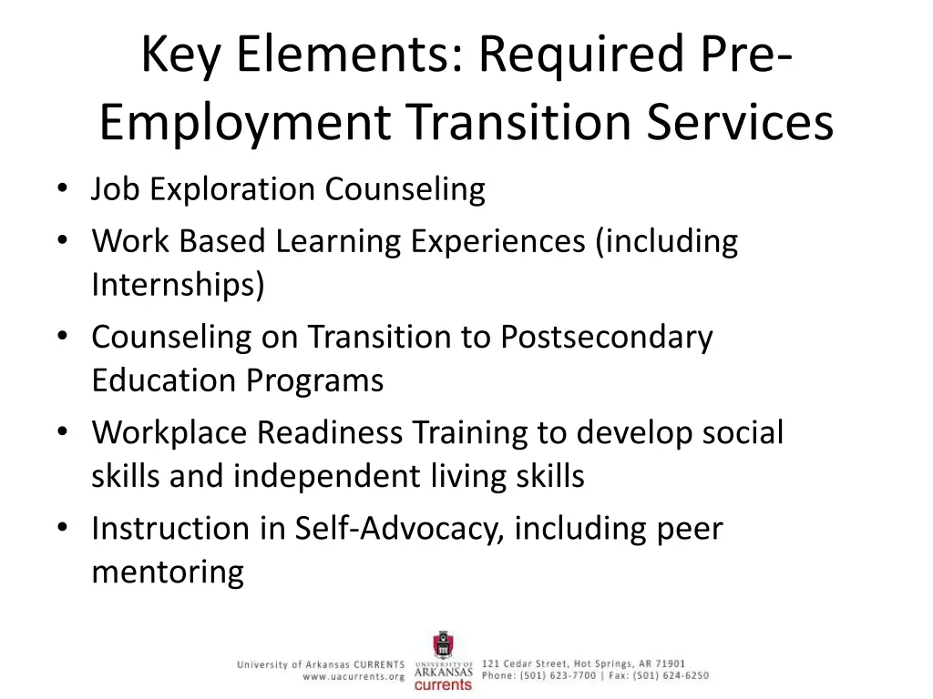 key elements required pre employment transition