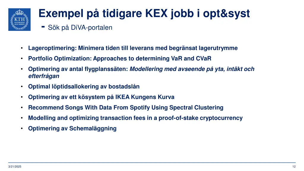 exempel p tidigare kex jobb i opt syst s k p diva