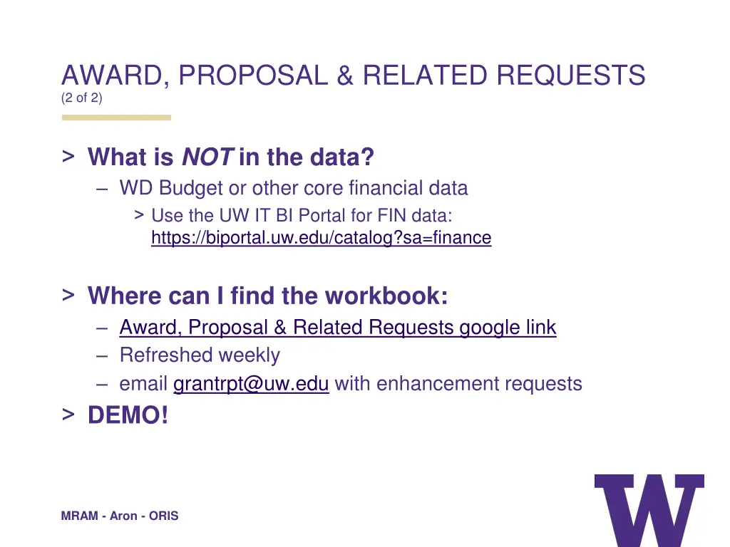 award proposal related requests 2 of 2