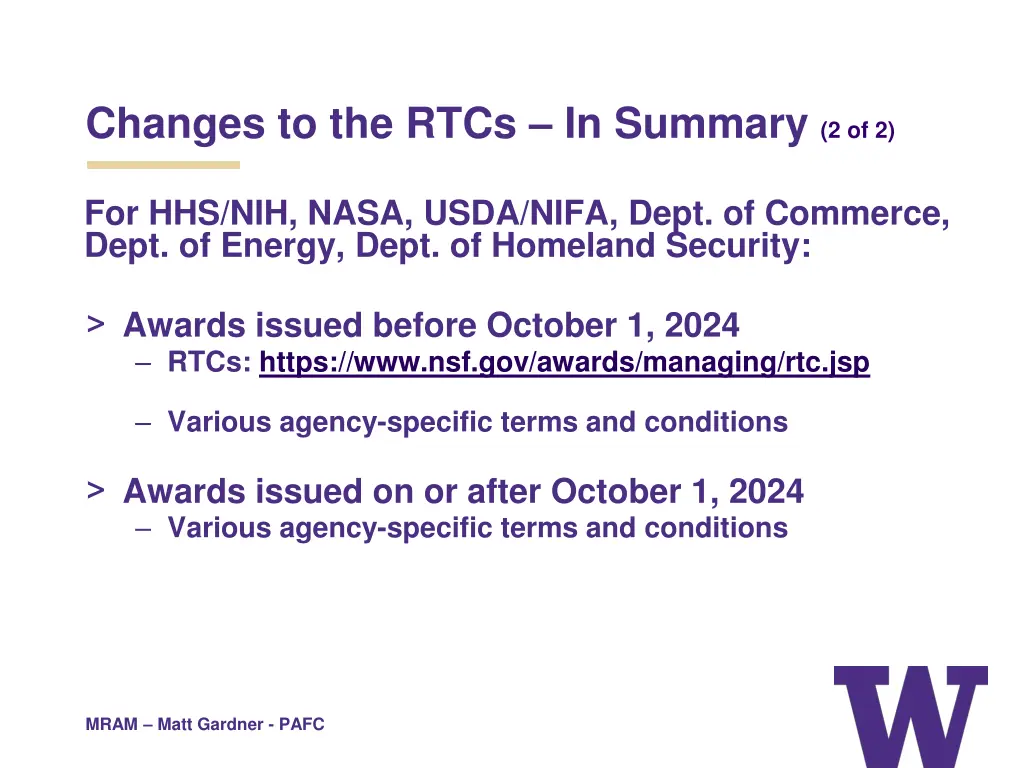 changes to the rtcs in summary 2 of 2