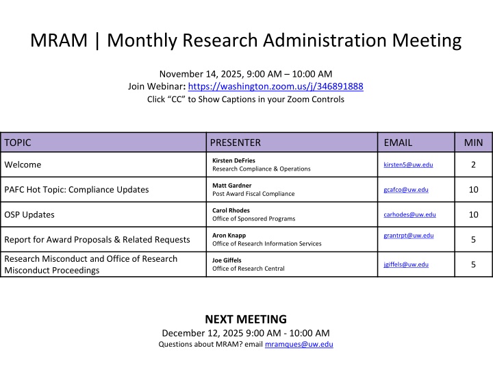 mram monthly research administration meeting