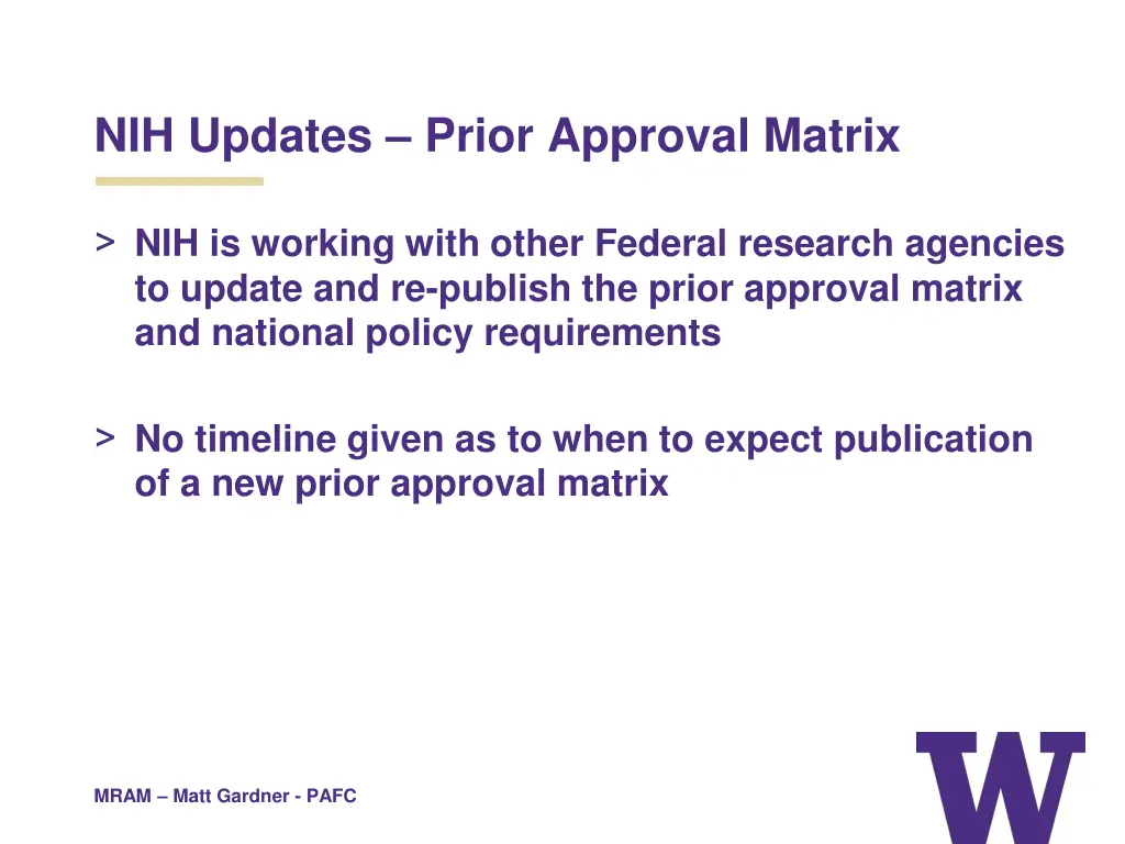 nih updates prior approval matrix