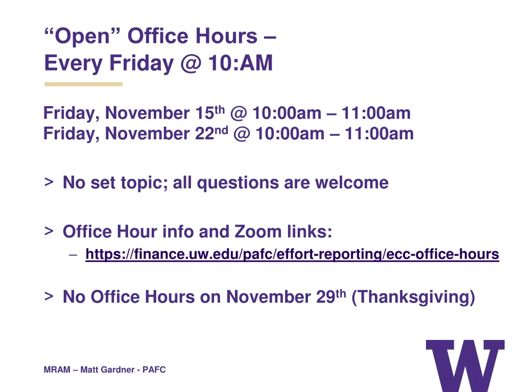 open office hours every friday @ 10 am