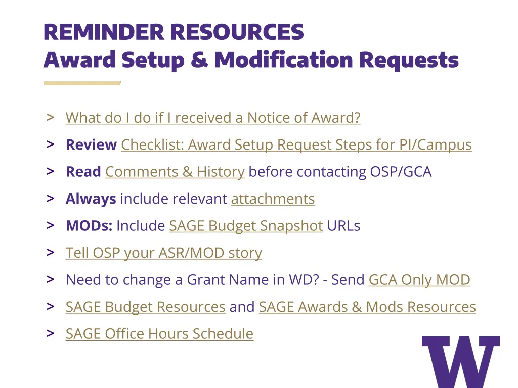 reminder resources award setup modification