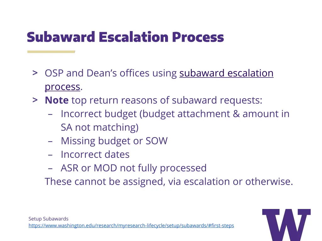 subaward escalation process