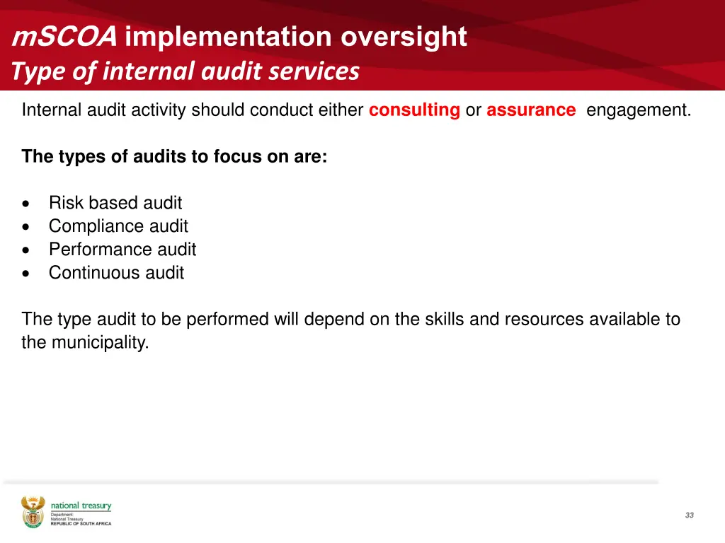 mscoa implementation oversight type of internal