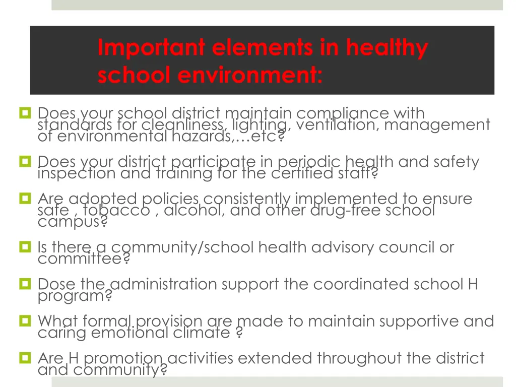 important elements in healthy school environment