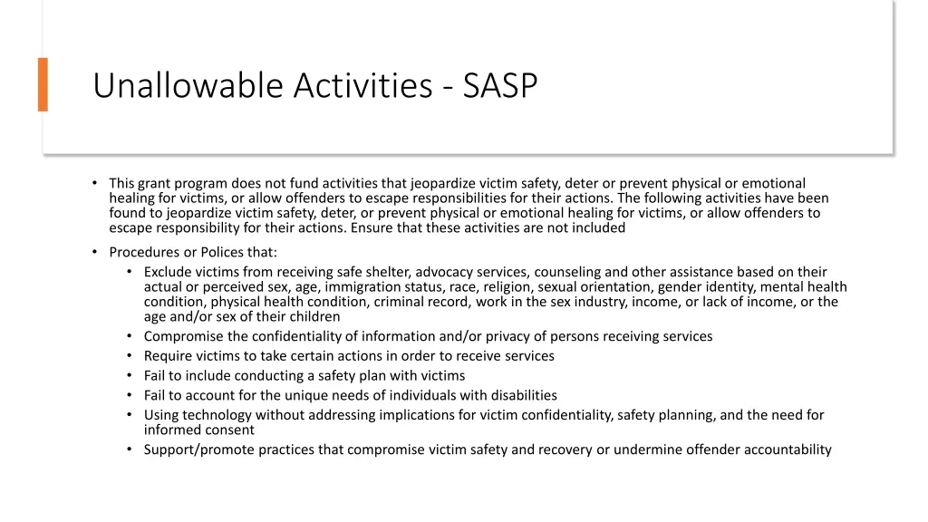 unallowable activities sasp