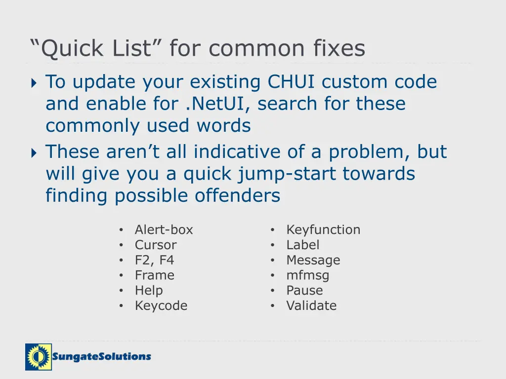 quick list for common fixes
