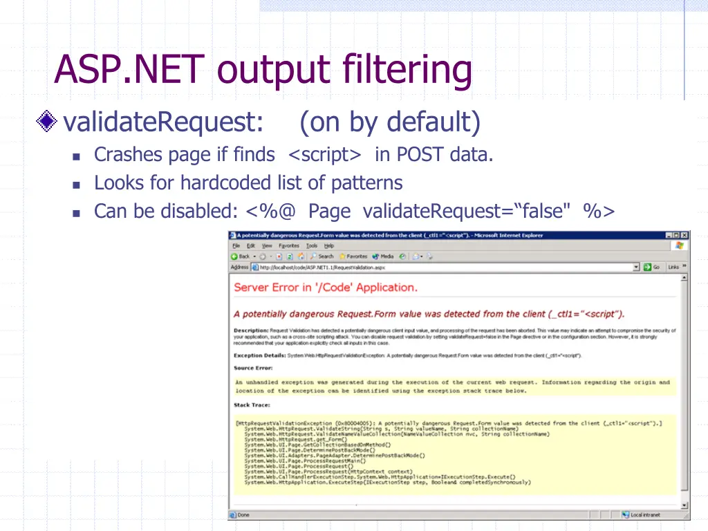 asp net output filtering validaterequest